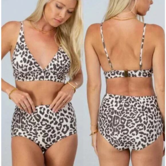 Aaron & Amber SZ M 2 Piece Leopard Print High Rise Deep Plunge Bikini NWT - Picture 3 of 6